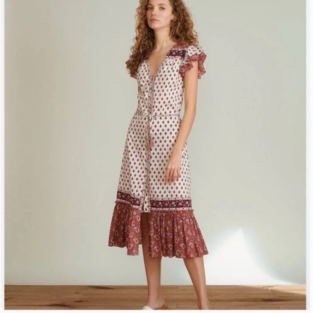 Veronica Beard Tinzia Patchwork Floral Paisley Print Peasant Dress